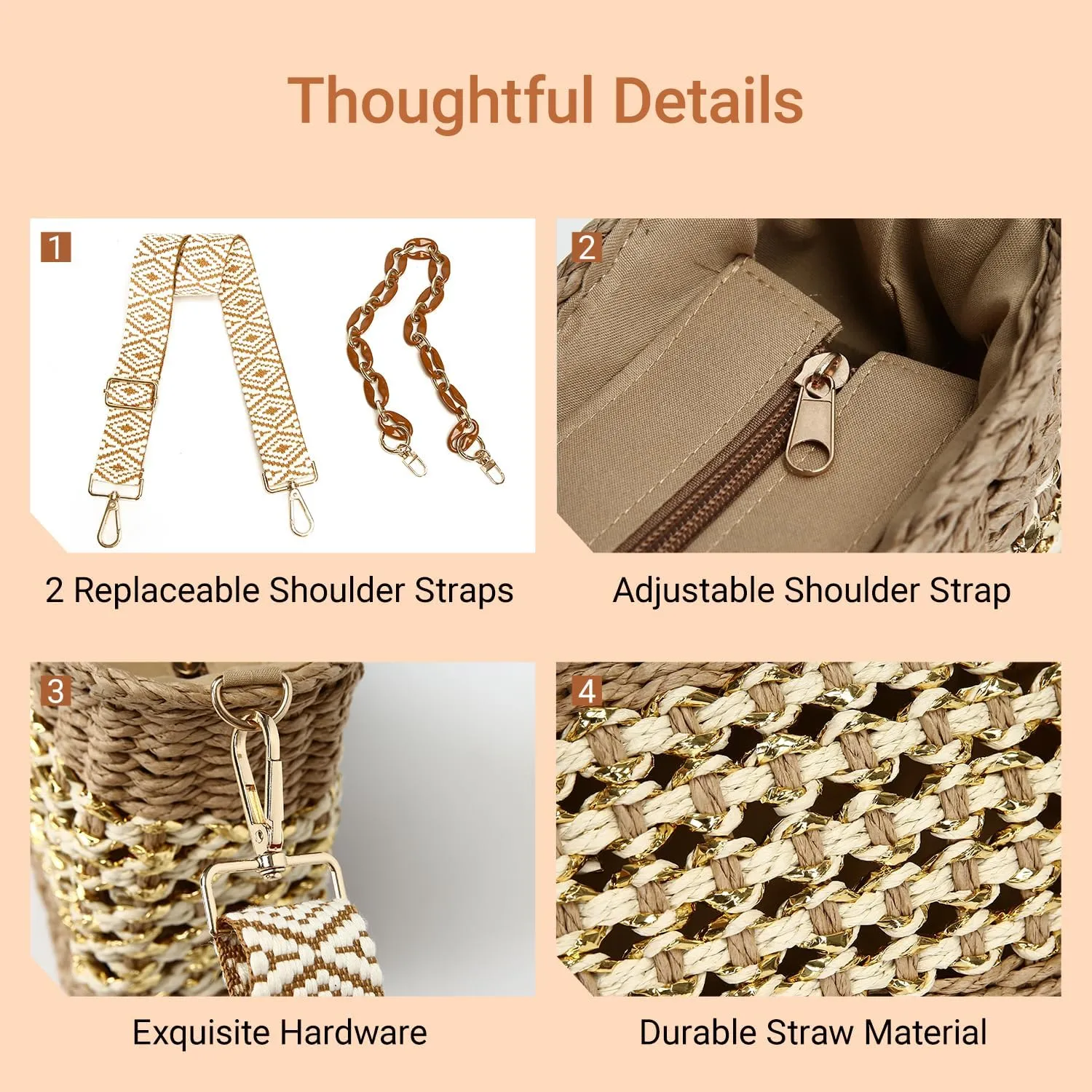 Herald Small Handmade Straw Pocketbook Crossbody Bag for Women, Summer Chic Woven Handbag Shoulder Purse with Chain