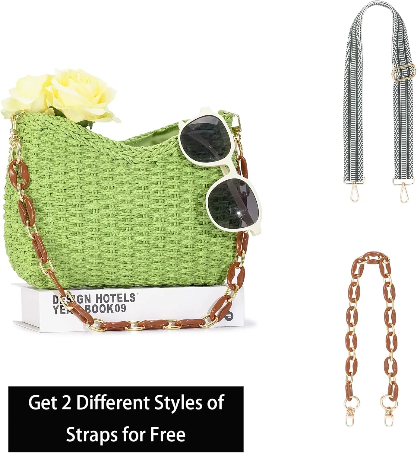Herald Small Handmade Straw Pocketbook Crossbody Bag for Women, Summer Chic Woven Handbag Shoulder Purse with Chain