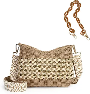 Herald Small Handmade Straw Pocketbook Crossbody Bag for Women, Summer Chic Woven Handbag Shoulder Purse with Chain