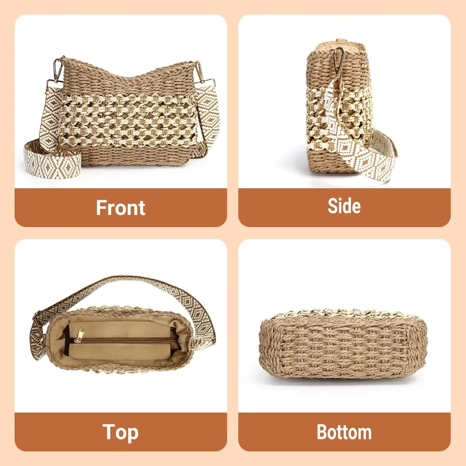 Herald Small Handmade Straw Pocketbook Crossbody Bag for Women, Summer Chic Woven Handbag Shoulder Purse with Chain