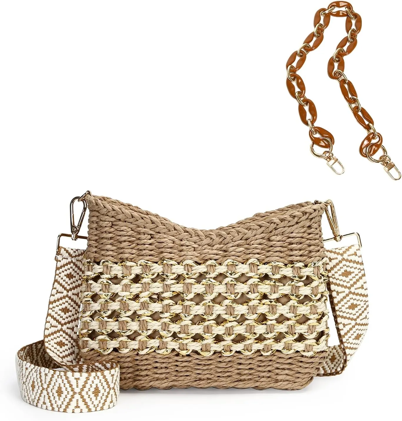 Herald Small Handmade Straw Pocketbook Crossbody Bag for Women, Summer Chic Woven Handbag Shoulder Purse with Chain