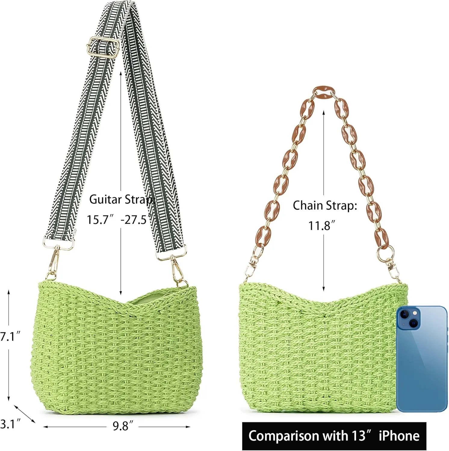 Herald Small Handmade Straw Pocketbook Crossbody Bag for Women, Summer Chic Woven Handbag Shoulder Purse with Chain