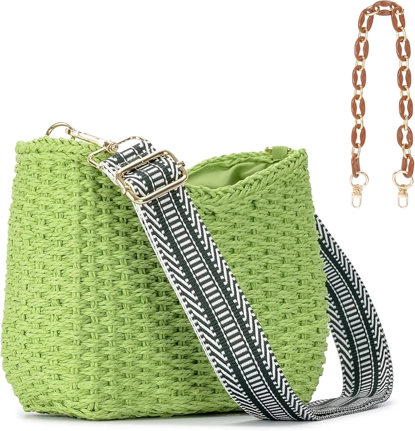 Herald Small Handmade Straw Pocketbook Crossbody Bag for Women, Summer Chic Woven Handbag Shoulder Purse with Chain