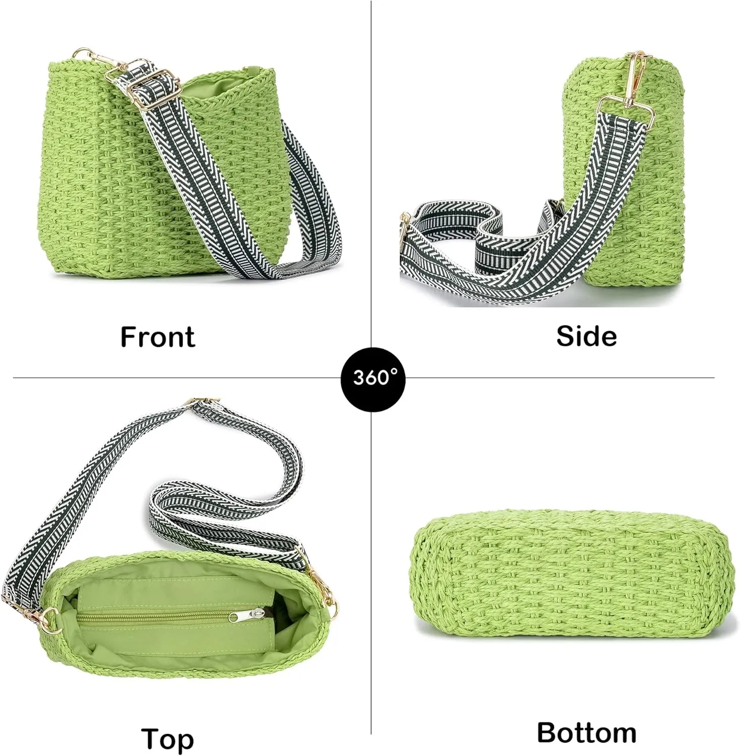 Herald Small Handmade Straw Pocketbook Crossbody Bag for Women, Summer Chic Woven Handbag Shoulder Purse with Chain