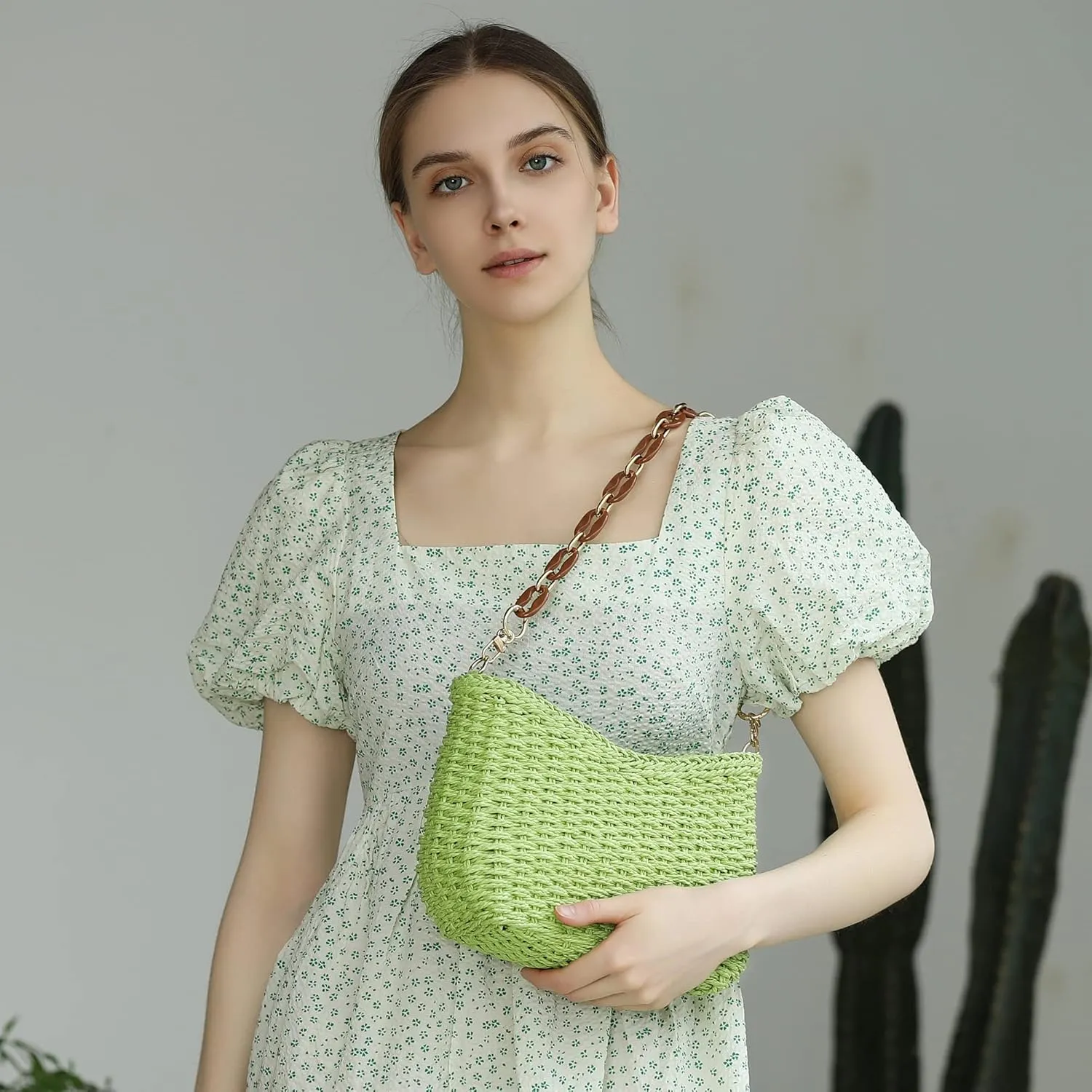 Herald Small Handmade Straw Pocketbook Crossbody Bag for Women, Summer Chic Woven Handbag Shoulder Purse with Chain