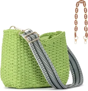 Herald Small Handmade Straw Pocketbook Crossbody Bag for Women, Summer Chic Woven Handbag Shoulder Purse with Chain
