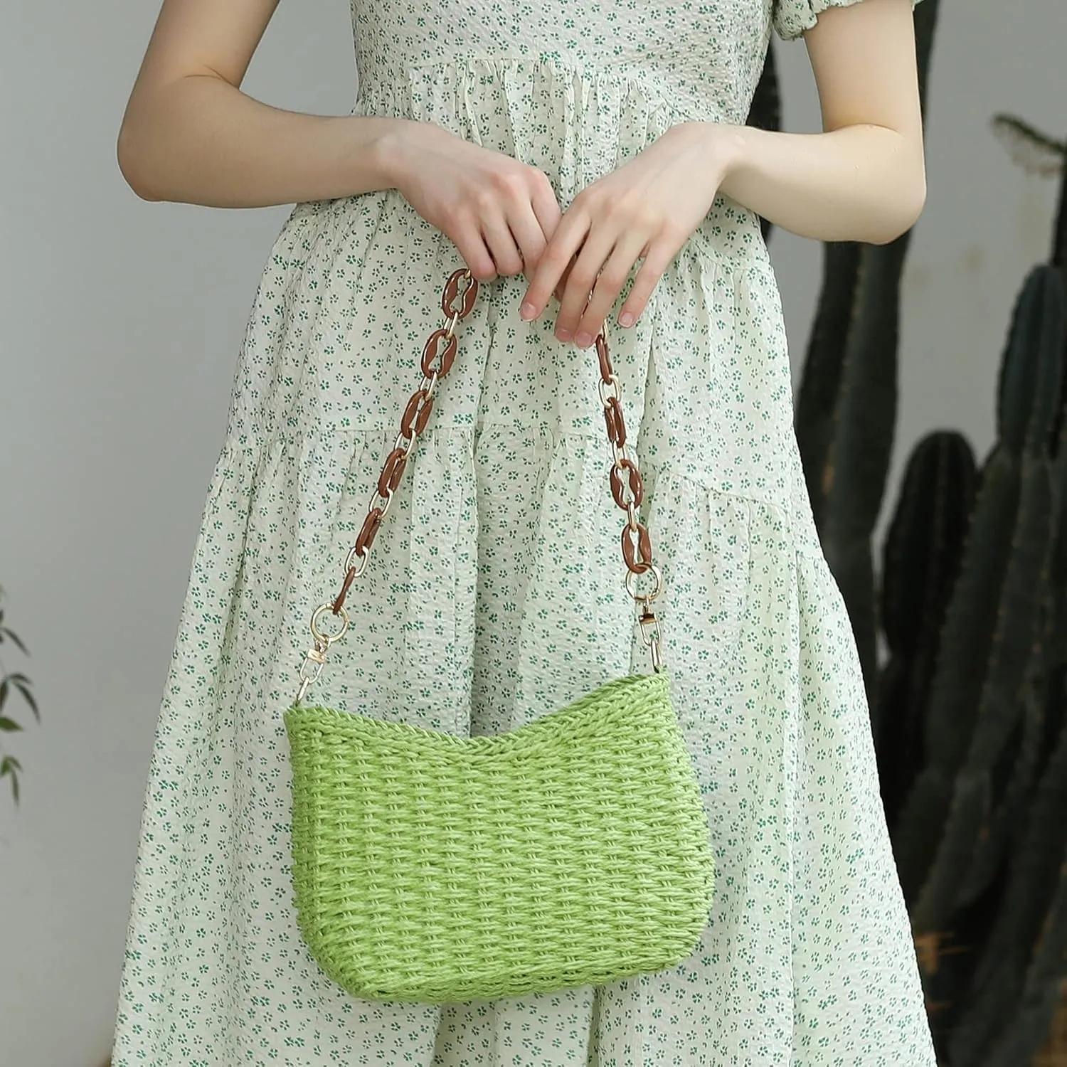 Herald Small Handmade Straw Pocketbook Crossbody Bag for Women, Summer Chic Woven Handbag Shoulder Purse with Chain