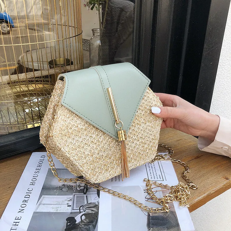 Hexagon Mulit Style Straw leather Handbag Women Summer Rattan Bag Handmade Woven Beach Circle Bohemia Shoulder Bag New Fashion