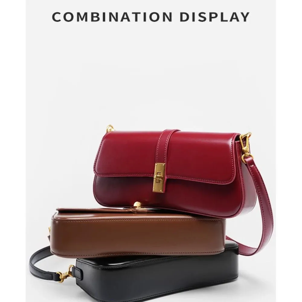 High Quality Genuine Leather Women's Baguette Handbag Purse Trendy Vintage Fashion Underarm Bag