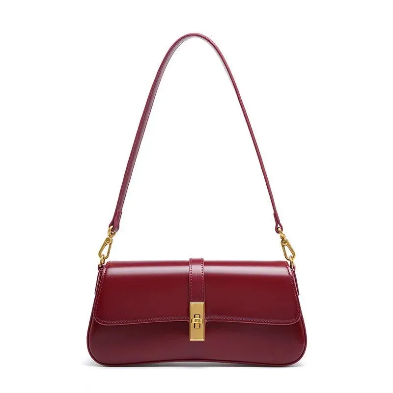 High Quality Genuine Leather Women's Baguette Handbag Purse Trendy Vintage Fashion Underarm Bag
