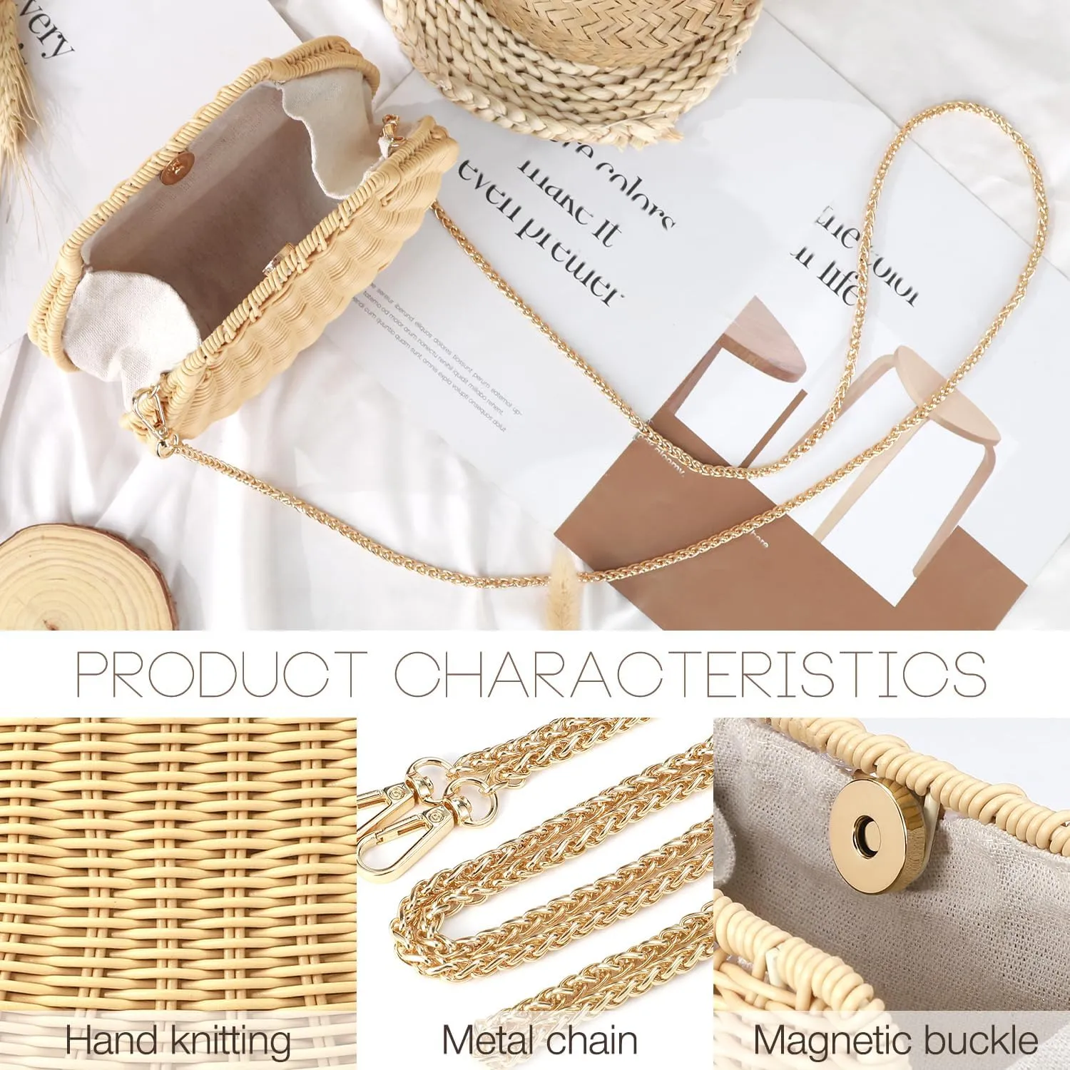 HMTQVK Handwoven Rattan Purses for Women Summer Beach Woven Crossbody Straw Purses with 1 Pair Rattan Earrings