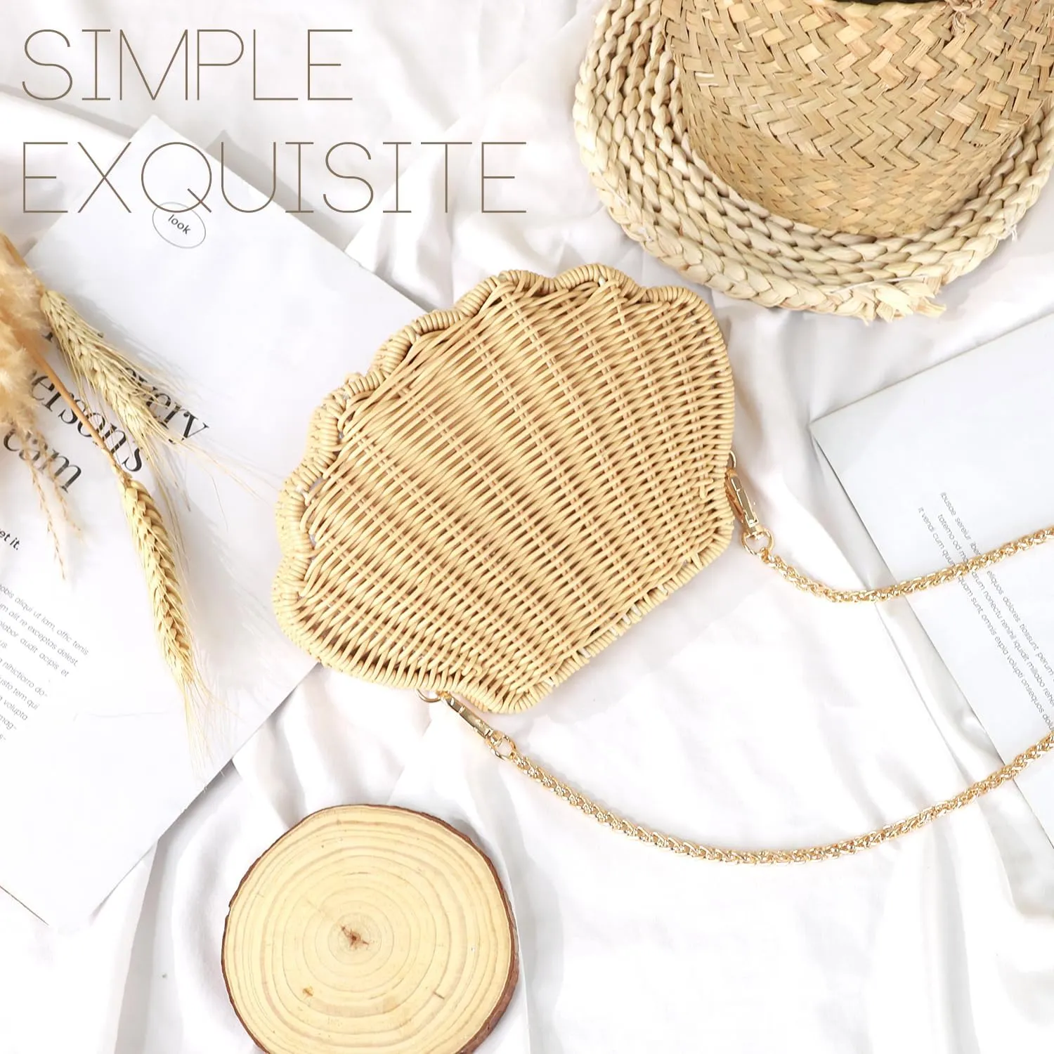 HMTQVK Handwoven Rattan Purses for Women Summer Beach Woven Crossbody Straw Purses with 1 Pair Rattan Earrings