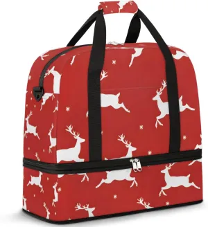 Holiday Elk Red Travel Duffel Bag for Women Men Weekender Overnight Bag with Shoe Compartment Foldable Sports Gym Luggage Bag