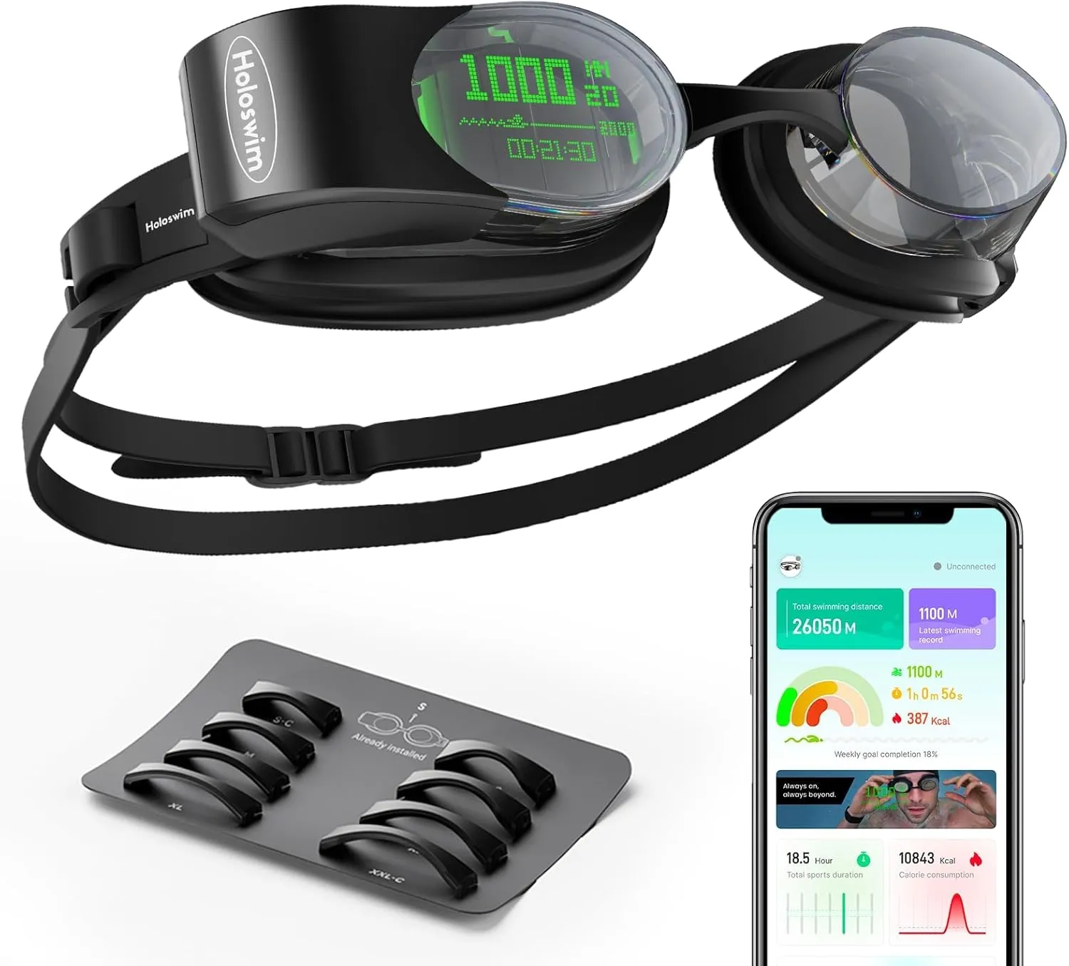 Holoswim Smart Swim Goggles, 2 Pro AR Swimming Goggles, Digital HD Real-time Display, AI Data Analysis in APP, Pro Training Template, Nano Anti-Fog IPX8 Waterproof, Apple & Garmin Swim Watch Support