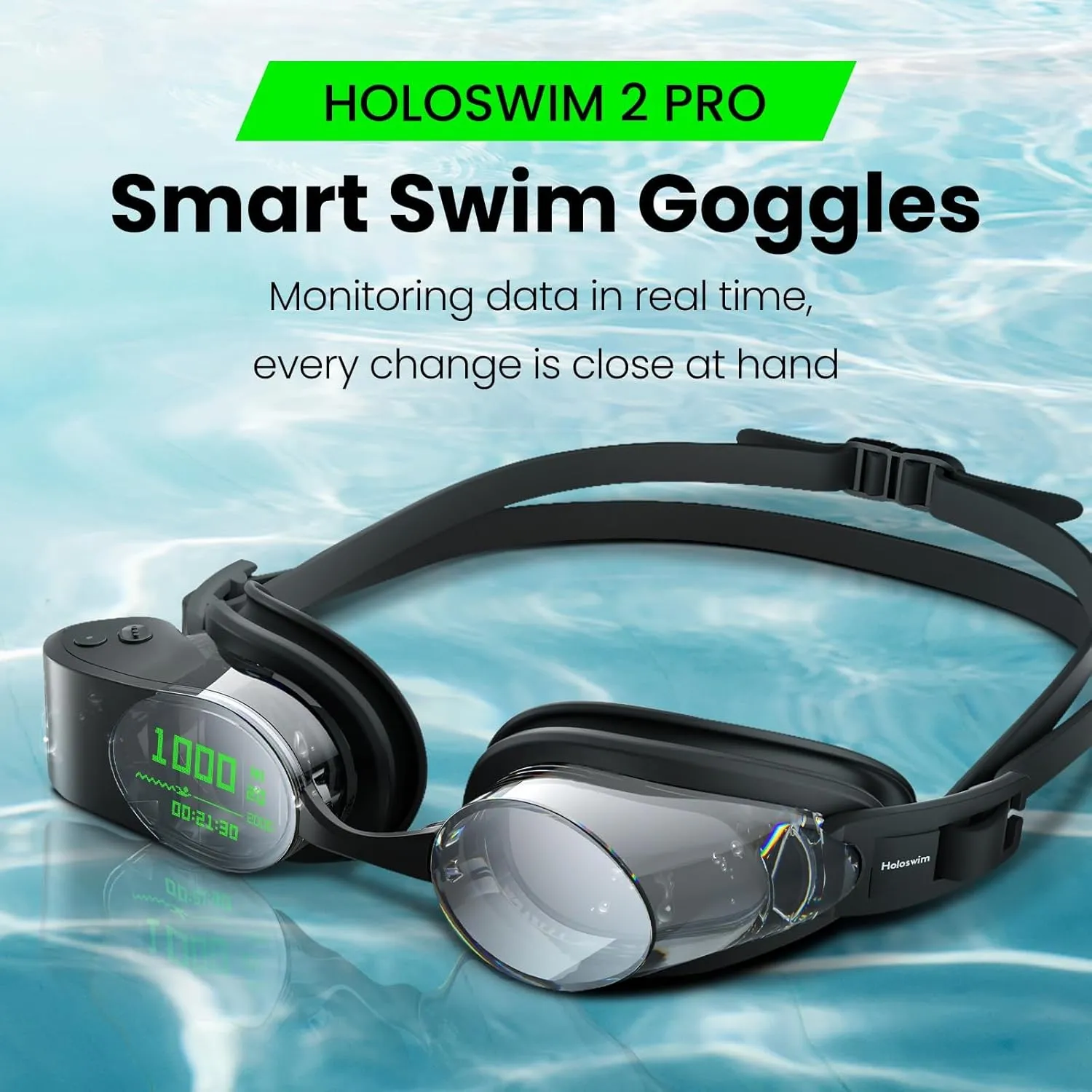 Holoswim Smart Swim Goggles, 2 Pro AR Swimming Goggles, Digital HD Real-time Display, AI Data Analysis in APP, Pro Training Template, Nano Anti-Fog IPX8 Waterproof, Apple & Garmin Swim Watch Support
