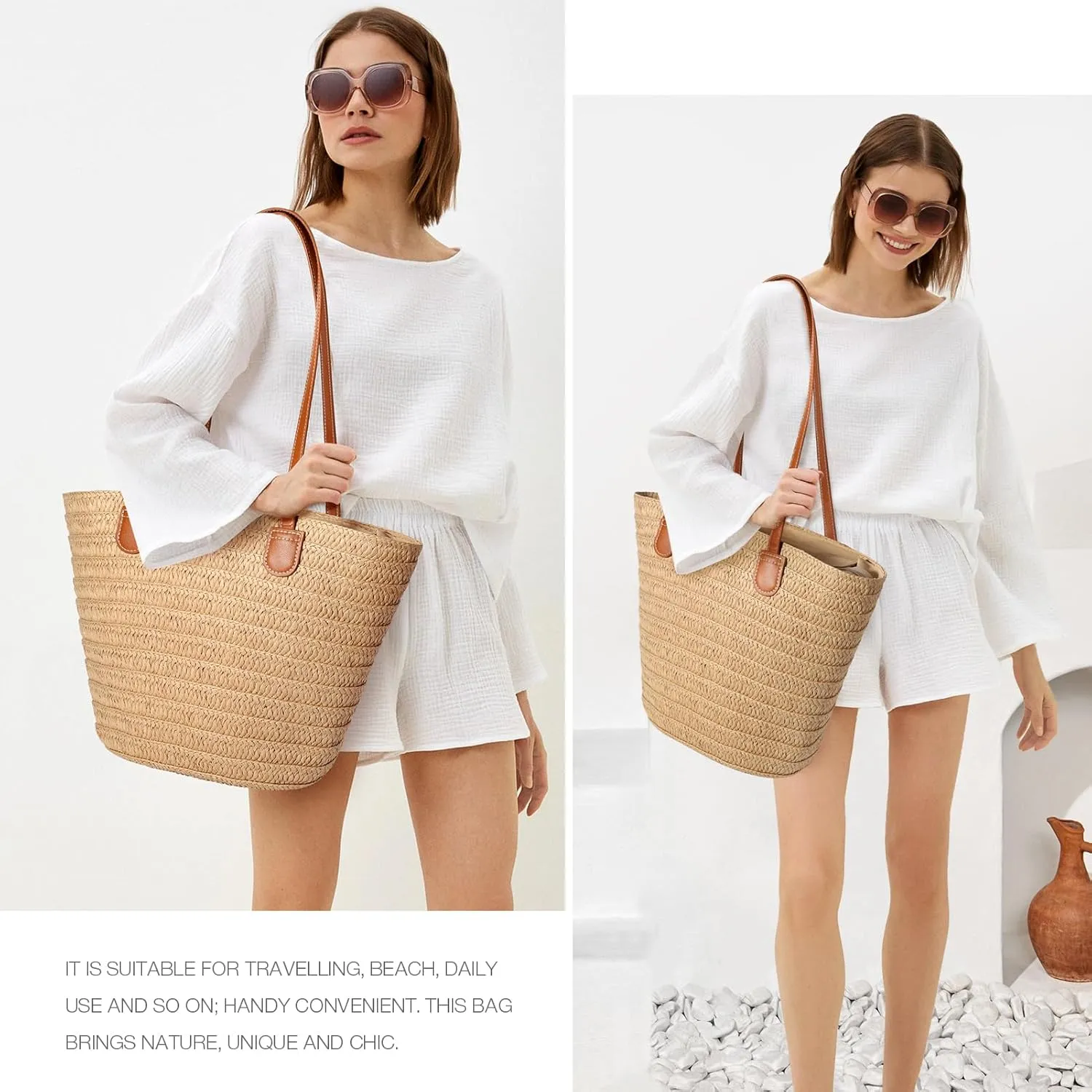 Hommtina Straw Beach Bag - Womens Crossbody Shoulder Vacation Purse for Summer