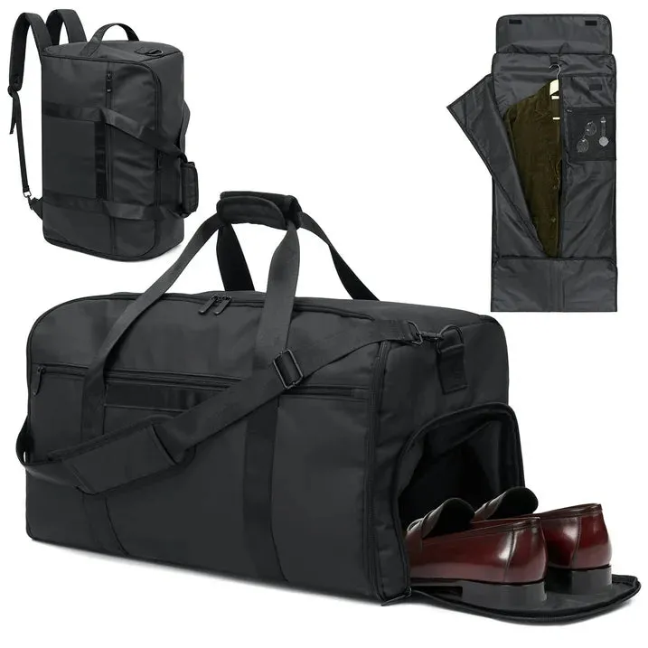 HONEIER Garment Duffle Bags for Travel 4 in 1 Waterproof Travel Suit Bag with Shoulder Strap Convertible Garment Bag with Shoe Compartment for Men Women, Carry On Luggage Bags Gym Bag, Black, 55L