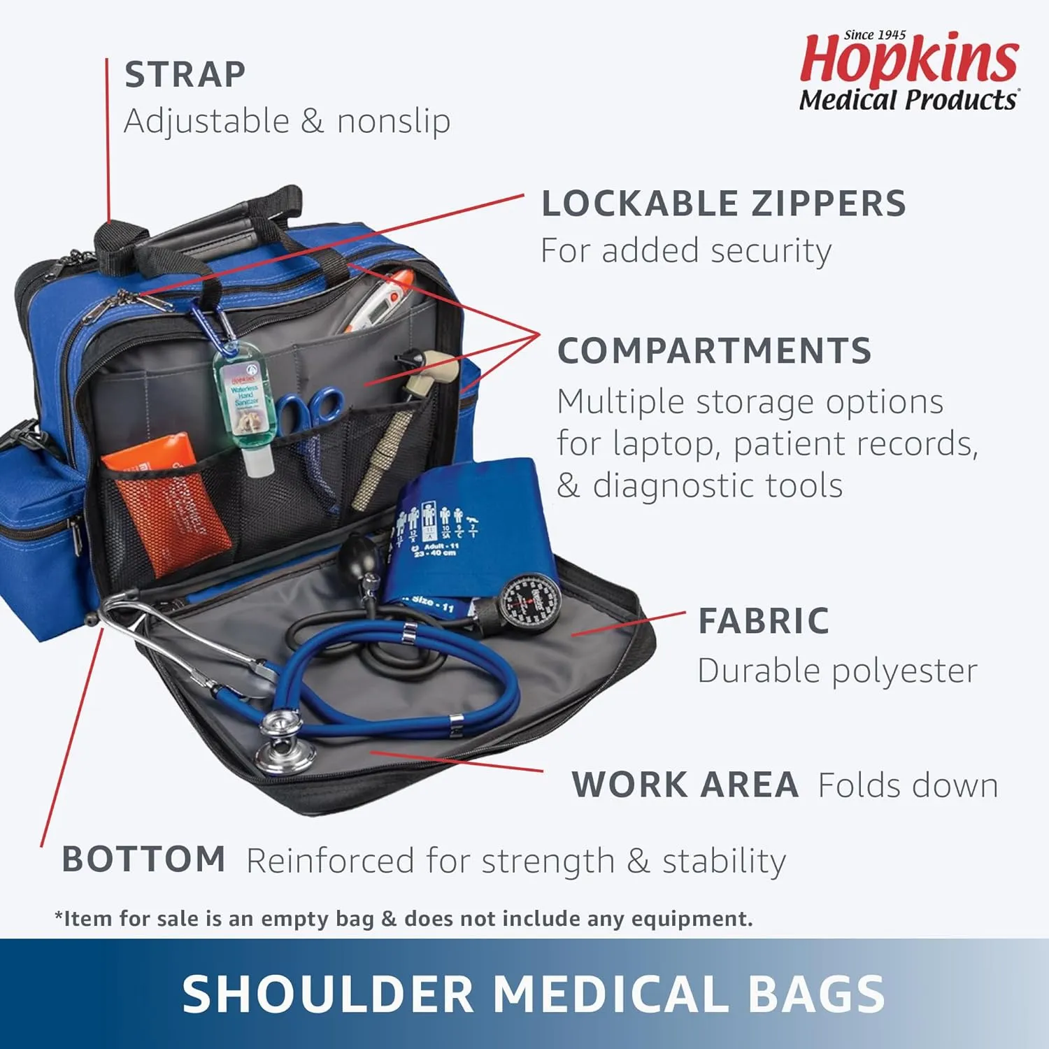 Hopkins Medical Products Home Health Shoulder Bag, 600D Waterproof Exterior, Large Storage Compartments, Removable Adjustable Shoulder Strap for Ultimate Comfort, 14x11.5x8 Inches, Navy