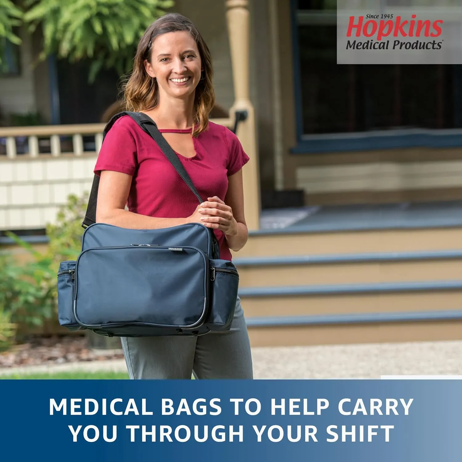 Hopkins Medical Products Home Health Shoulder Bag, 600D Waterproof Exterior, Large Storage Compartments, Removable Adjustable Shoulder Strap for Ultimate Comfort, 14x11.5x8 Inches, Navy