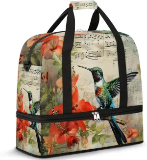 Hummingbird Flower Notes Travel Duffel Bag for Women Men Weekender Overnight Bag with Shoe Compartment Foldable Sports Gym Luggage Bag