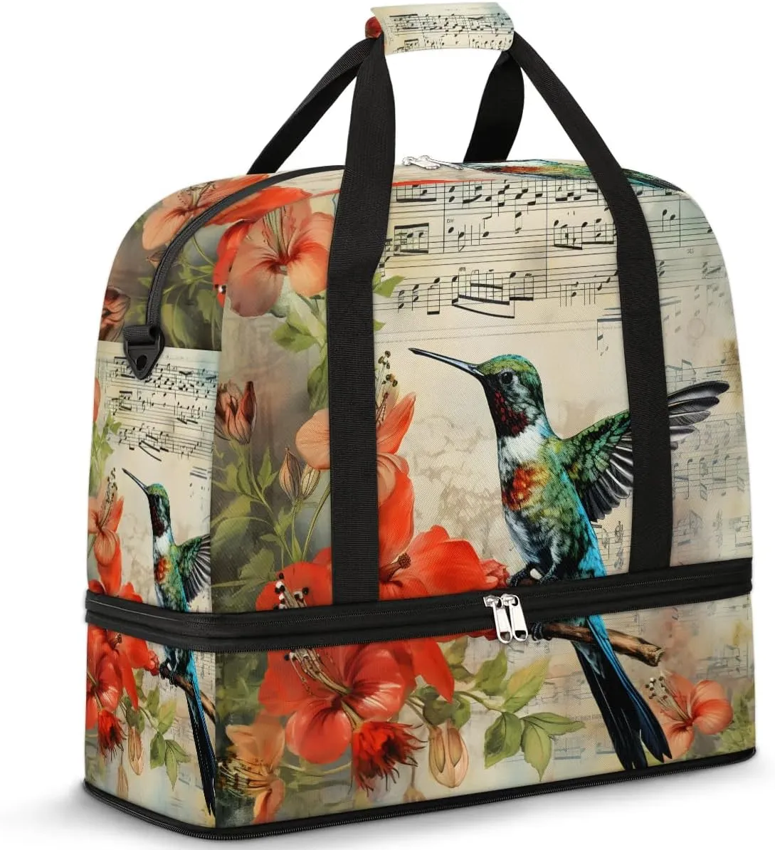Hummingbird Flower Notes Travel Duffel Bag for Women Men Weekender Overnight Bag with Shoe Compartment Foldable Sports Gym Luggage Bag