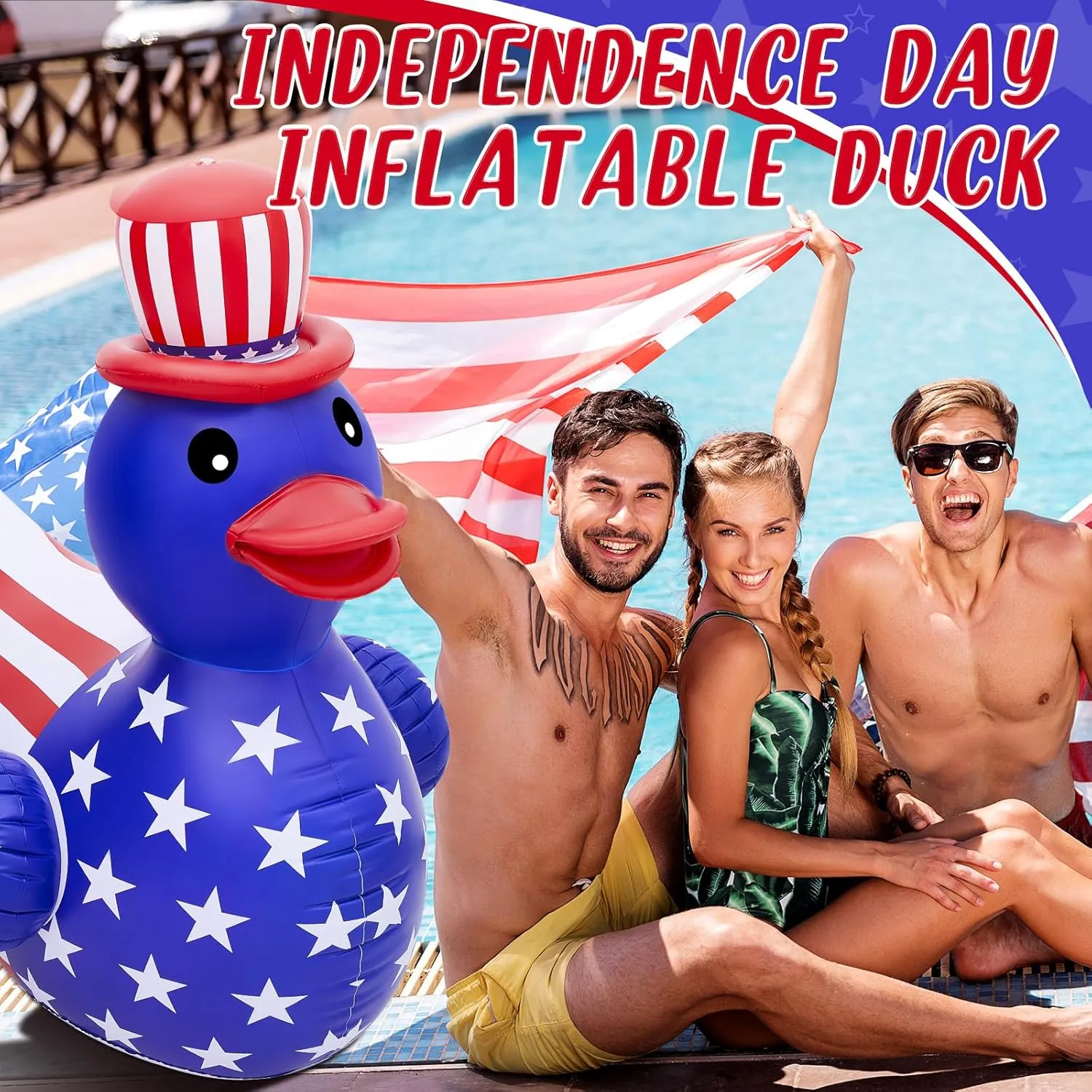 Hungdao 1 Pc 4 ft Patriotic Inflatable 4th of July Large Floaties American Flag Giant Duck Floating Inflatable Blow up Duck for Beach Memorial Day Pool Independence Day Party (National Flag Style)