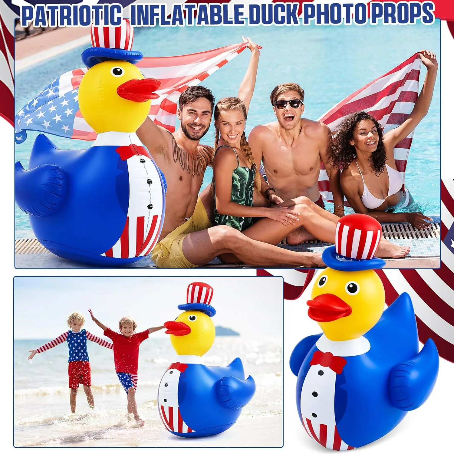 Hungdao 1 Pc 4 ft Patriotic Inflatable 4th of July Large Floaties American Flag Giant Duck Floating Inflatable Blow up Duck for Beach Memorial Day Pool Independence Day Party (Suit Style)