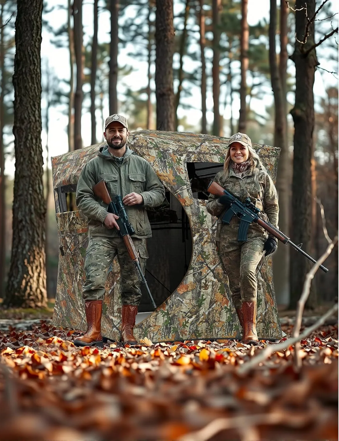 Hunting Blind 270 Degree See Through Ground Blind for Turkey Deer Hunting, Camouflage Pop Up Hunting Blinds Ground Waterproof Portable Concealed Shelter with Silent Door and Carrying Bag
