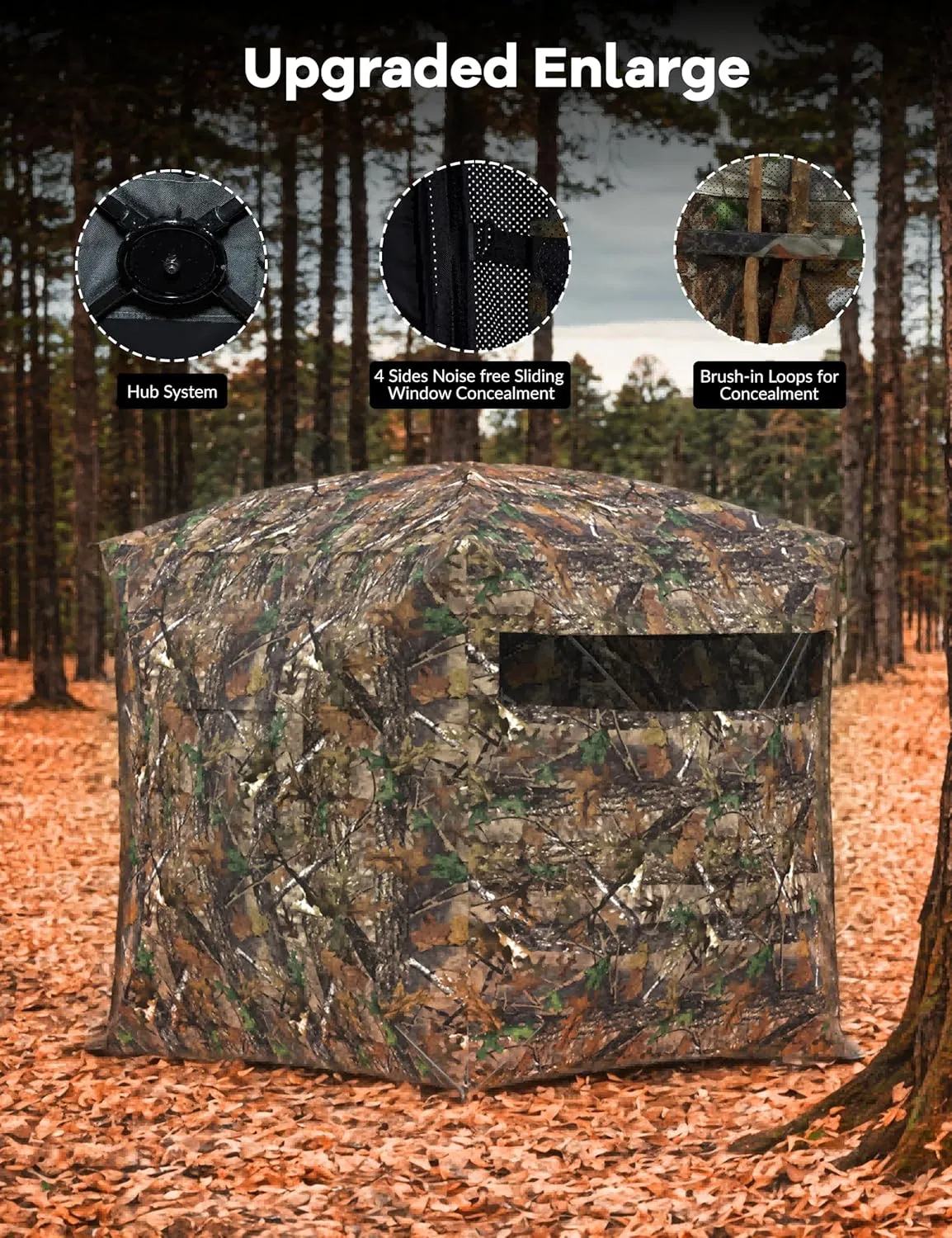 Hunting Blind 270 Degree See Through Ground Blind for Turkey Deer Hunting, Camouflage Pop Up Hunting Blinds Ground Waterproof Portable Concealed Shelter with Silent Door and Carrying Bag