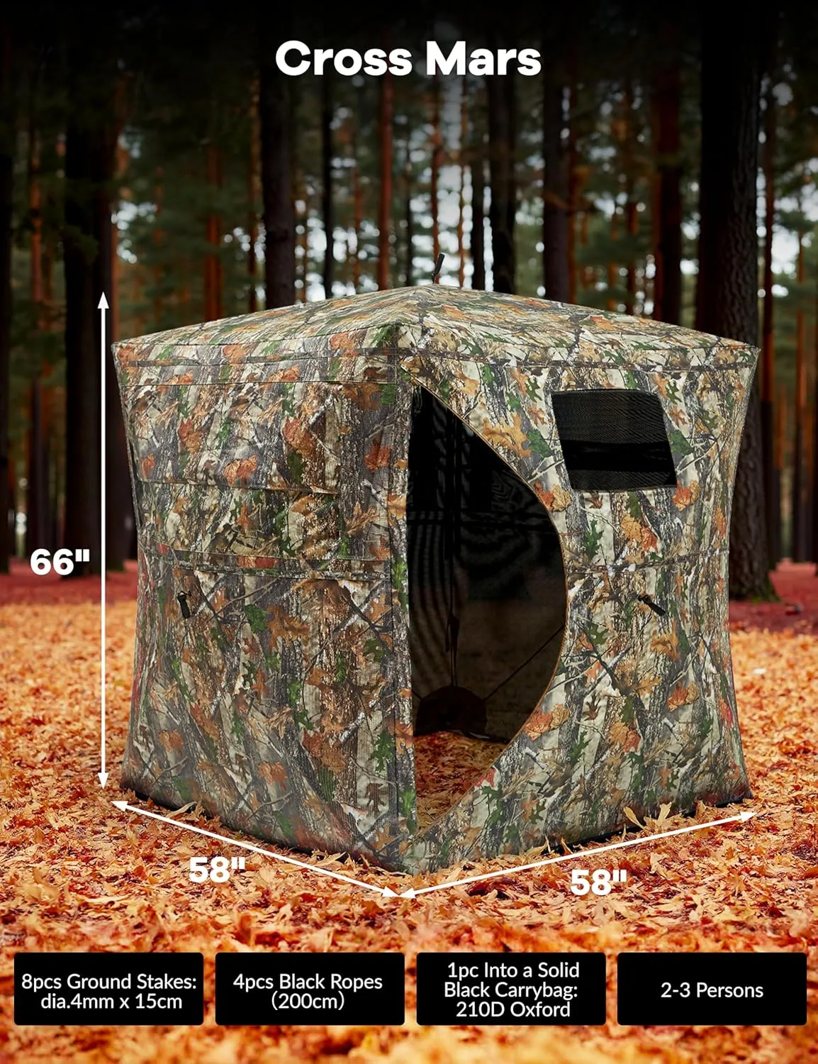 Hunting Blind 270 Degree See Through Ground Blind for Turkey Deer Hunting, Camouflage Pop Up Hunting Blinds Ground Waterproof Portable Concealed Shelter with Silent Door and Carrying Bag
