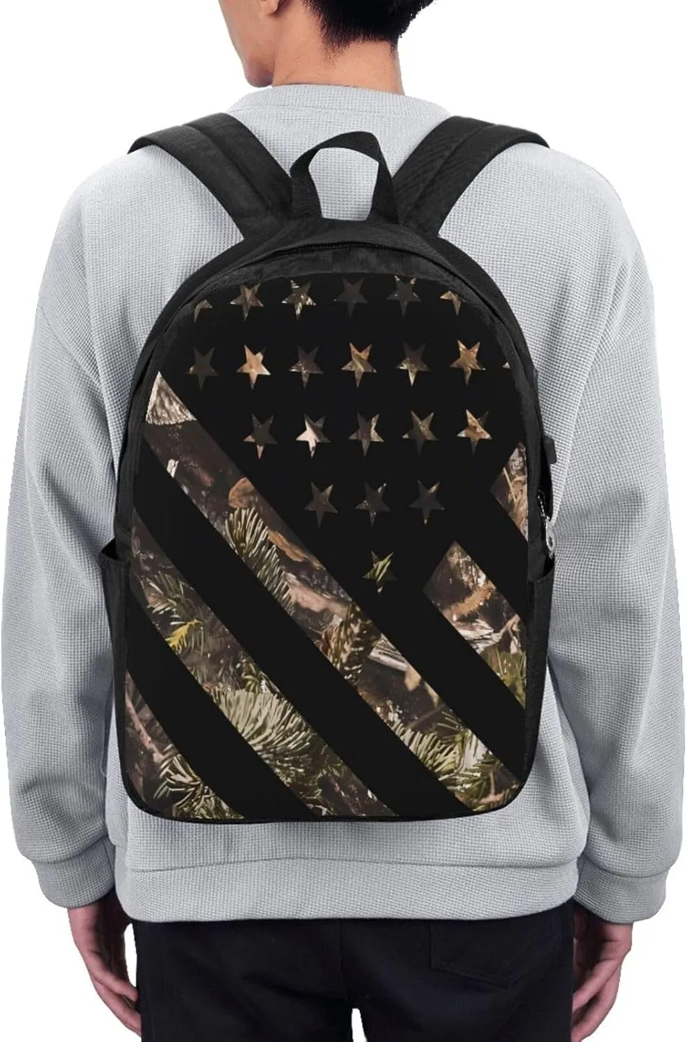 Hunting Camouflage American Flag Backpack 17 Inch Laptop Backpacks Outdoor Travel Rucksack Work Business Daypack with USB Port Carry On Bag for Cycling Hiking