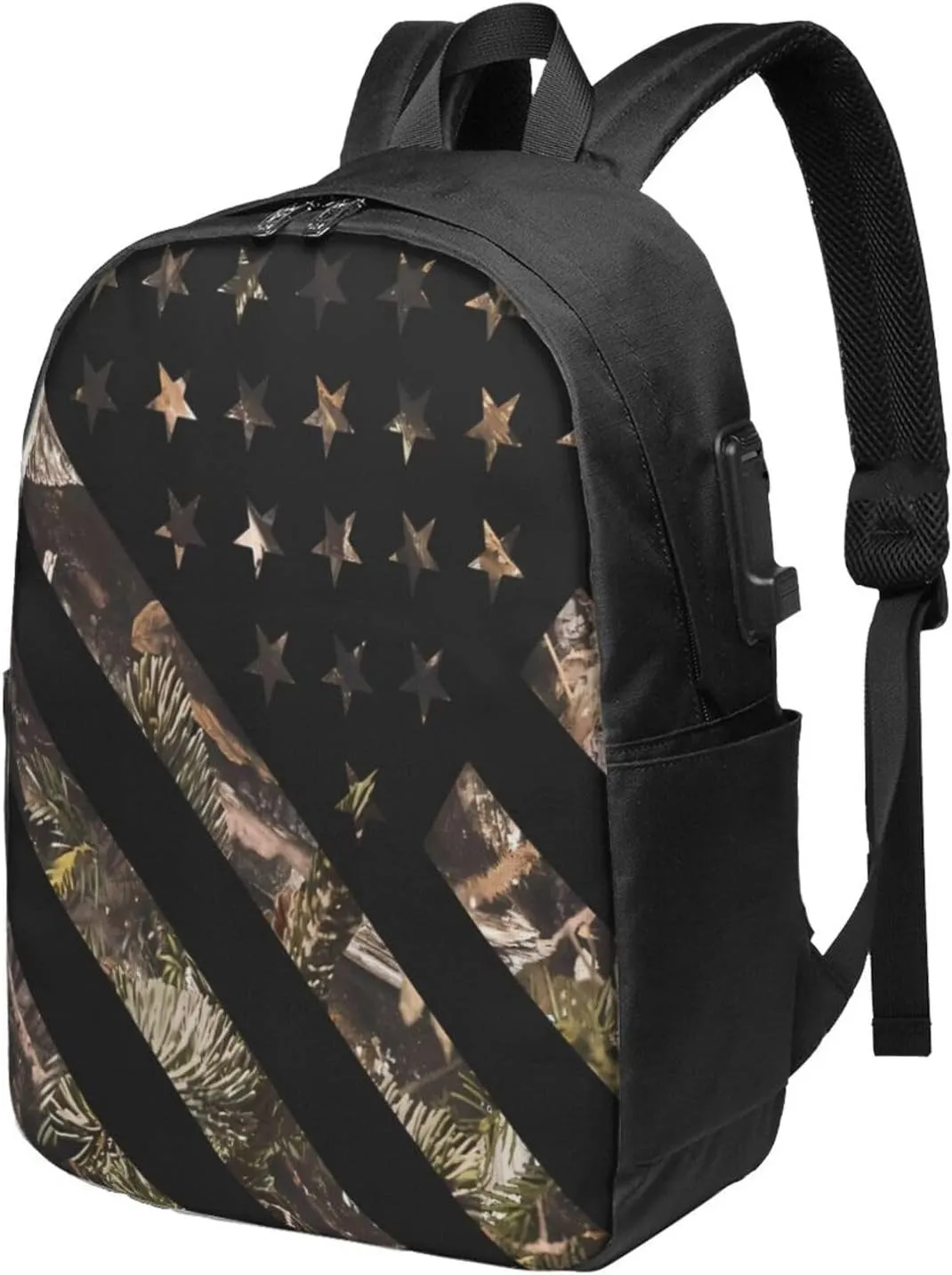 Hunting Camouflage American Flag Backpack 17 Inch Laptop Backpacks Outdoor Travel Rucksack Work Business Daypack with USB Port Carry On Bag for Cycling Hiking