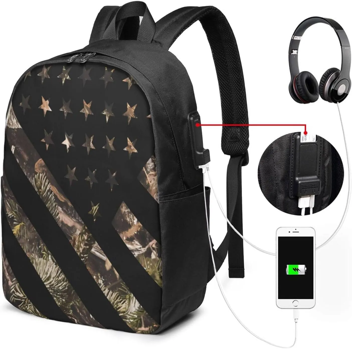 Hunting Camouflage American Flag Backpack 17 Inch Laptop Backpacks Outdoor Travel Rucksack Work Business Daypack with USB Port Carry On Bag for Cycling Hiking