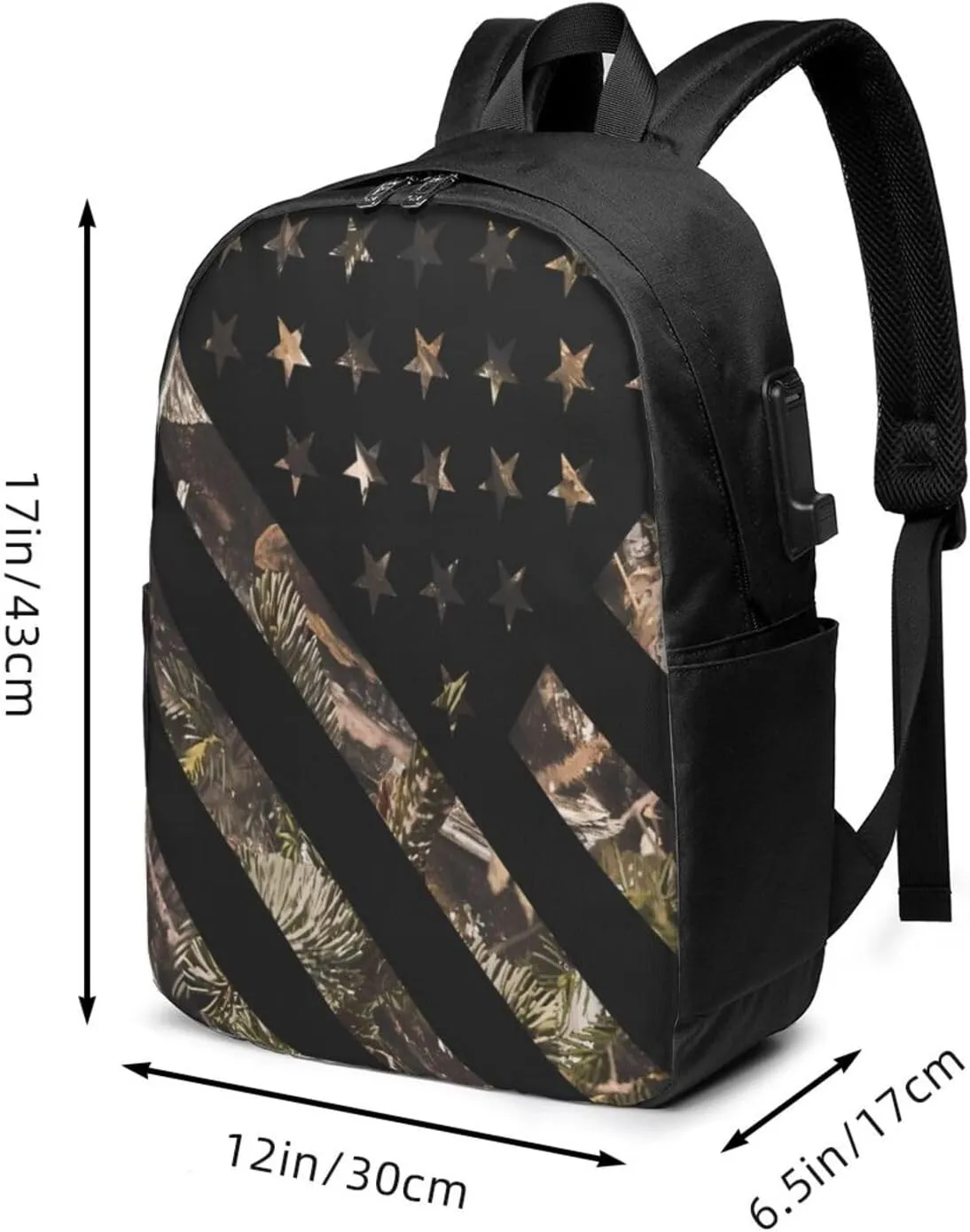 Hunting Camouflage American Flag Backpack 17 Inch Laptop Backpacks Outdoor Travel Rucksack Work Business Daypack with USB Port Carry On Bag for Cycling Hiking