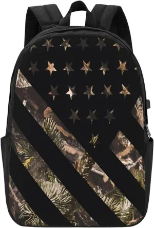 Hunting Camouflage American Flag Backpack 17 Inch Laptop Backpacks Outdoor Travel Rucksack Work Business Daypack with USB Port Carry On Bag for Cycling Hiking