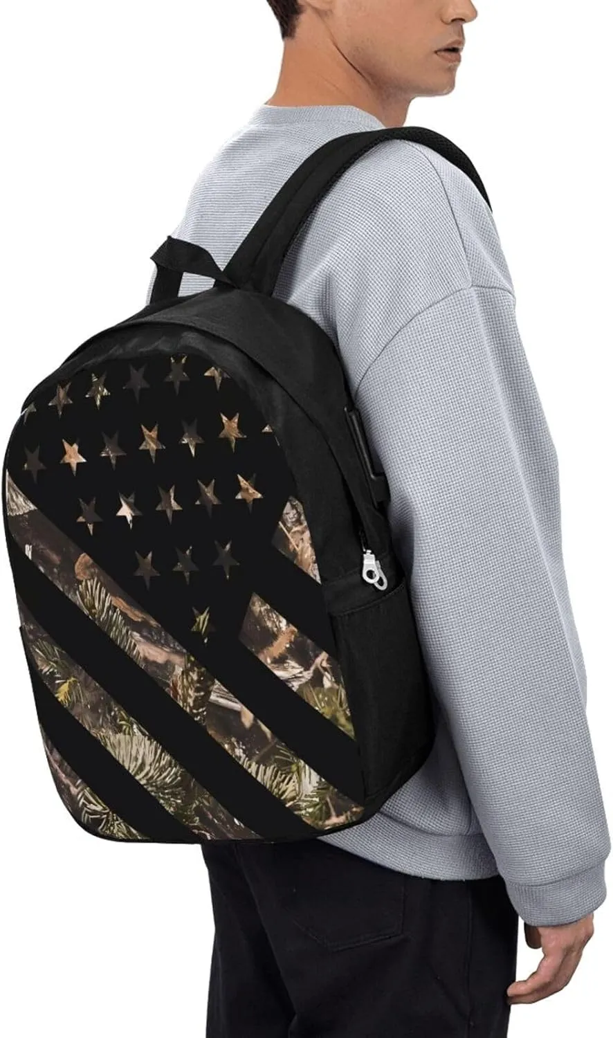 Hunting Camouflage American Flag Backpack 17 Inch Laptop Backpacks Outdoor Travel Rucksack Work Business Daypack with USB Port Carry On Bag for Cycling Hiking