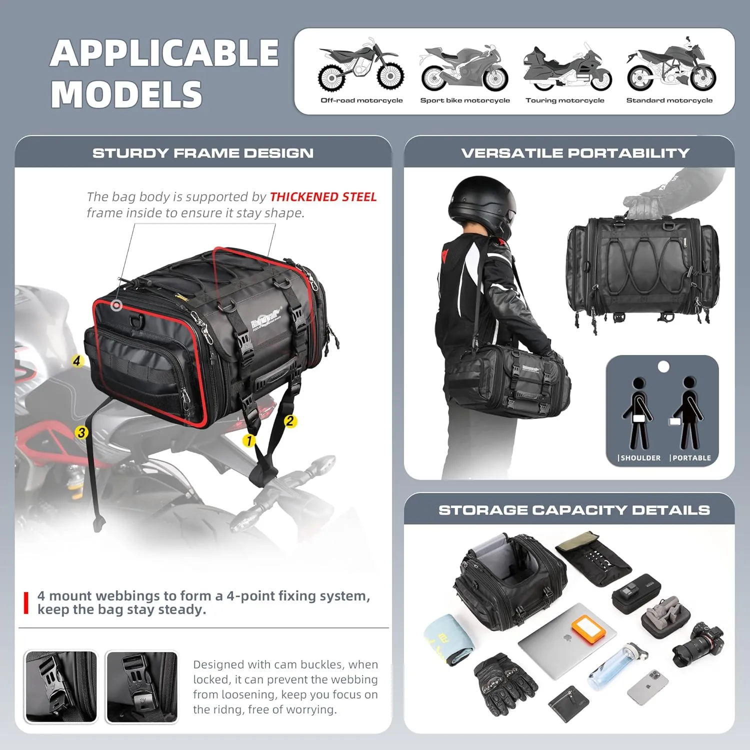 HUNTVP 19-26L Motorcycle Seat Bag Motorcycle Tail Bag Shoulder Bag Travel Luggage Bags Motorbike Rear Tack Truck Bag Storage Bags with Rain Cover (Black19-26L)