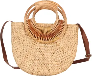 HUONIU Women Rattan Bag, Retro Small Semicircle Handwoven Straw Shoulder Bag, Lightweight Travel Clutch for Beach and Daily Use