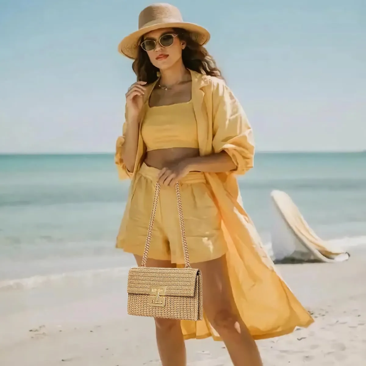 Huralona Straw Clutch Purse Woven Beach Bag Summer Clutch Handbag Vacation Straw Shoulder Crossbody Bag
