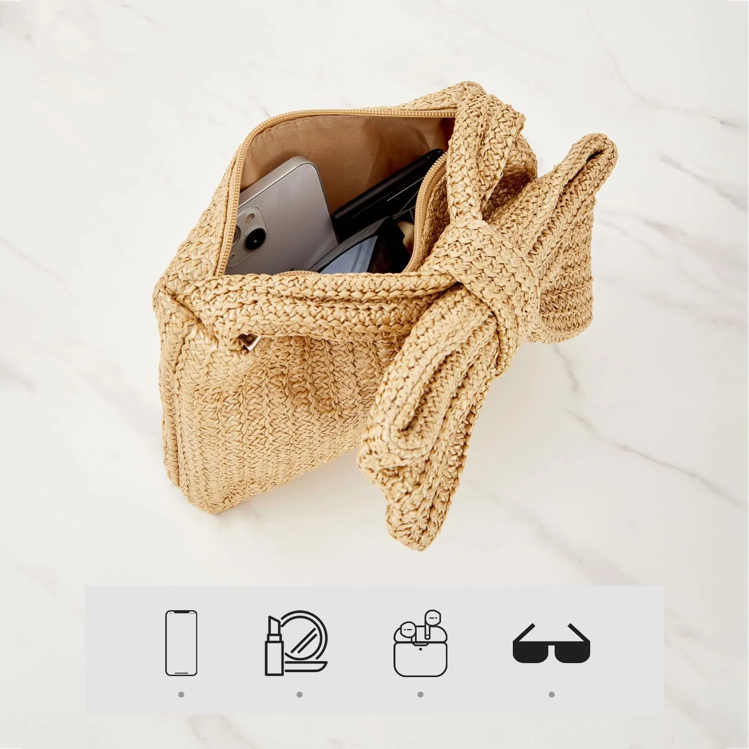 Huralona Women Straw Woven Clutch Purse Pleated Handbag for Summer Beach Vacation Straw Shoulder Crossbody Bag