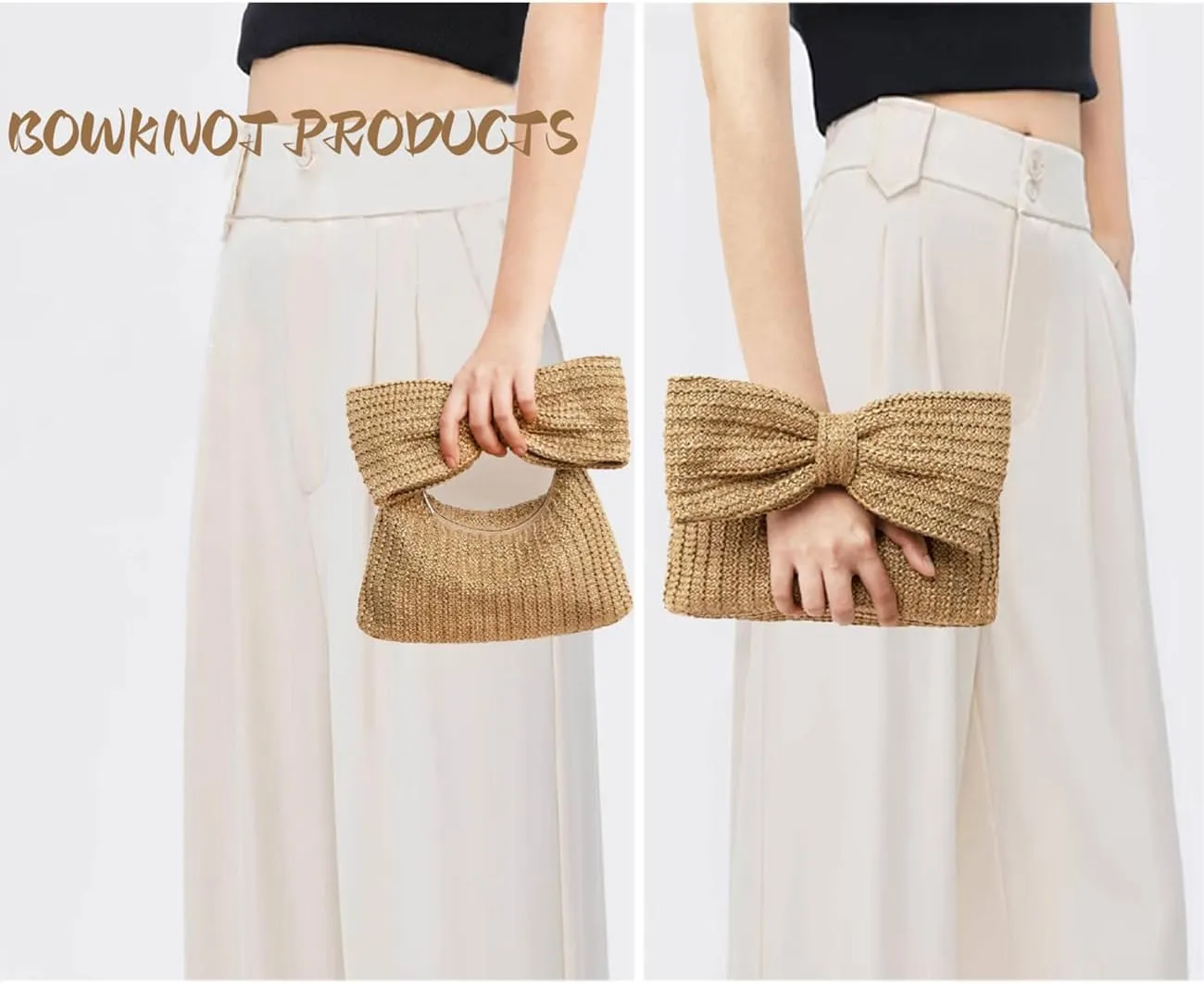 Huralona Women Straw Woven Clutch Purse Pleated Handbag for Summer Beach Vacation Straw Shoulder Crossbody Bag