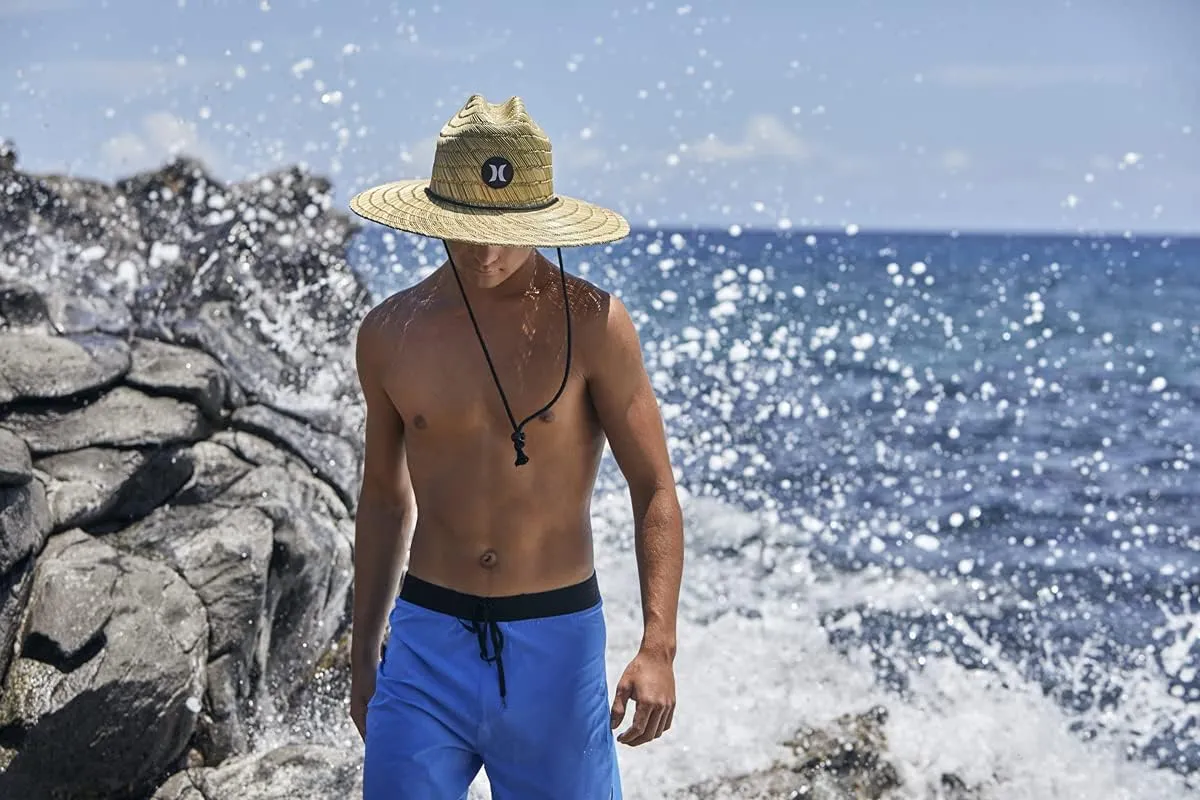 Hurley Men's Straw Hat - Weekender Natural Straw Hat with Medium Brim and Chin Strap - Beach Fishing Sun Hats for Men