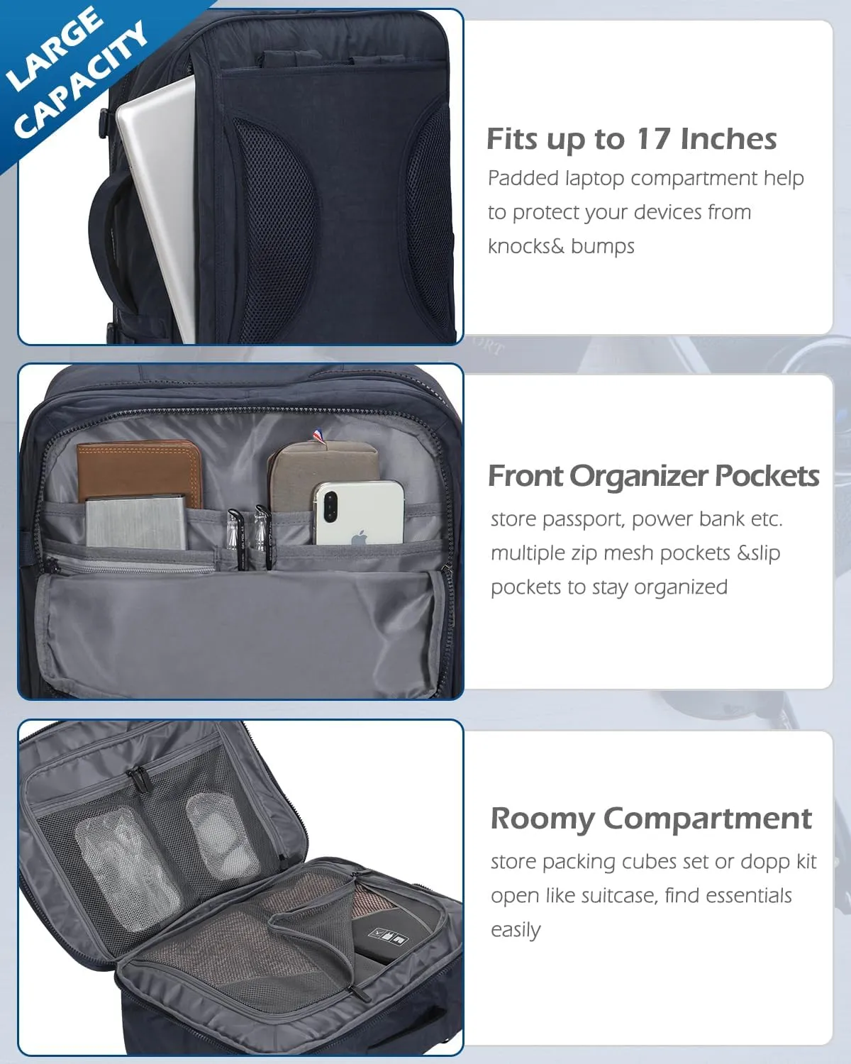 Hynes Eagle 44L Carry on Backpack Airline Approved Travel Backpack for Men Women Large Laptop Backpack 17 inch Nylon Backpack Overnight Weekender Bag Navy Blue