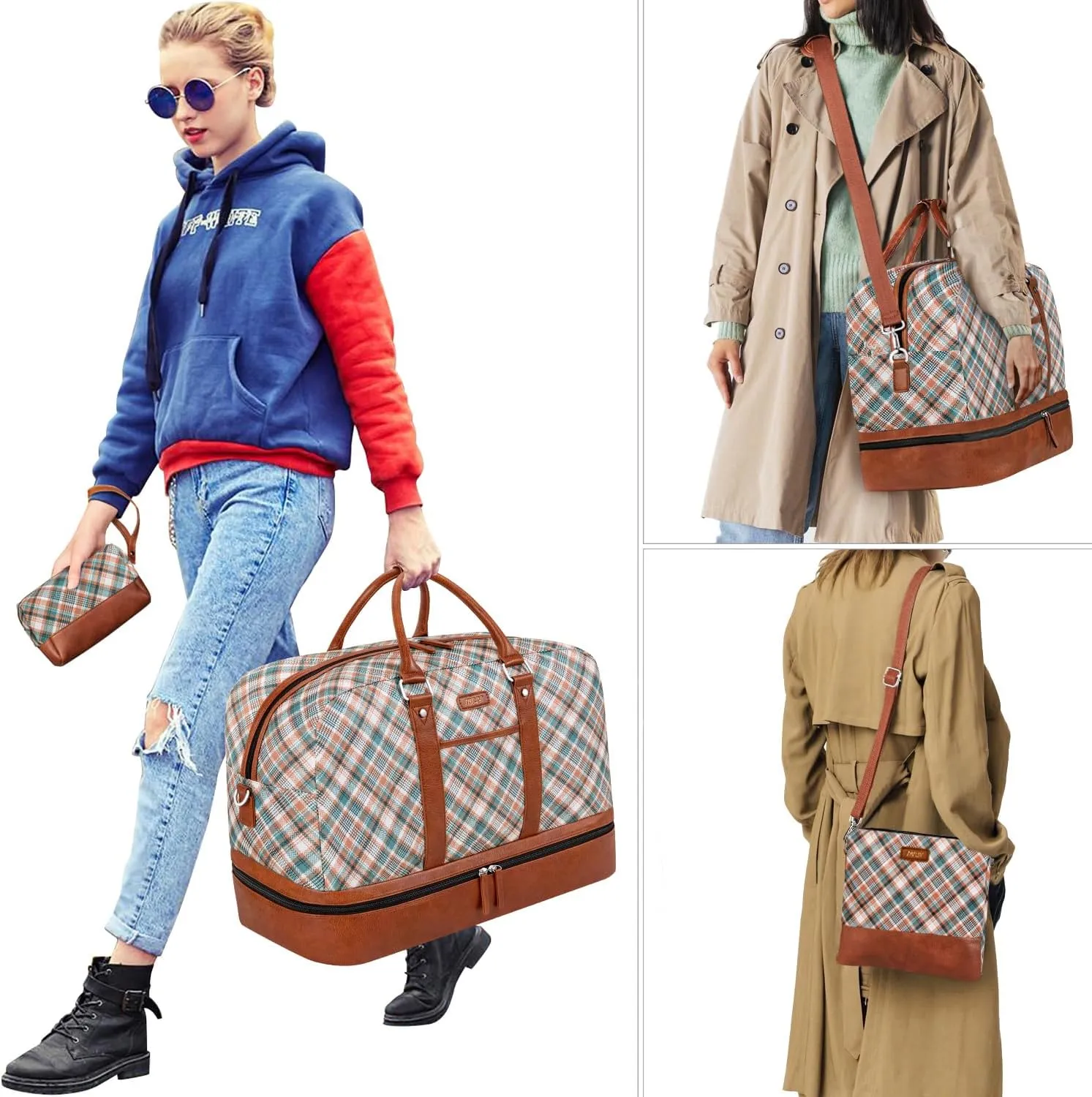 IBFUN Weekender Bags for Women, Large Overnight Bag Canvas Travel Duffel Bag Carry On Tote with Shoe Compartment 21" 3Pcs Set