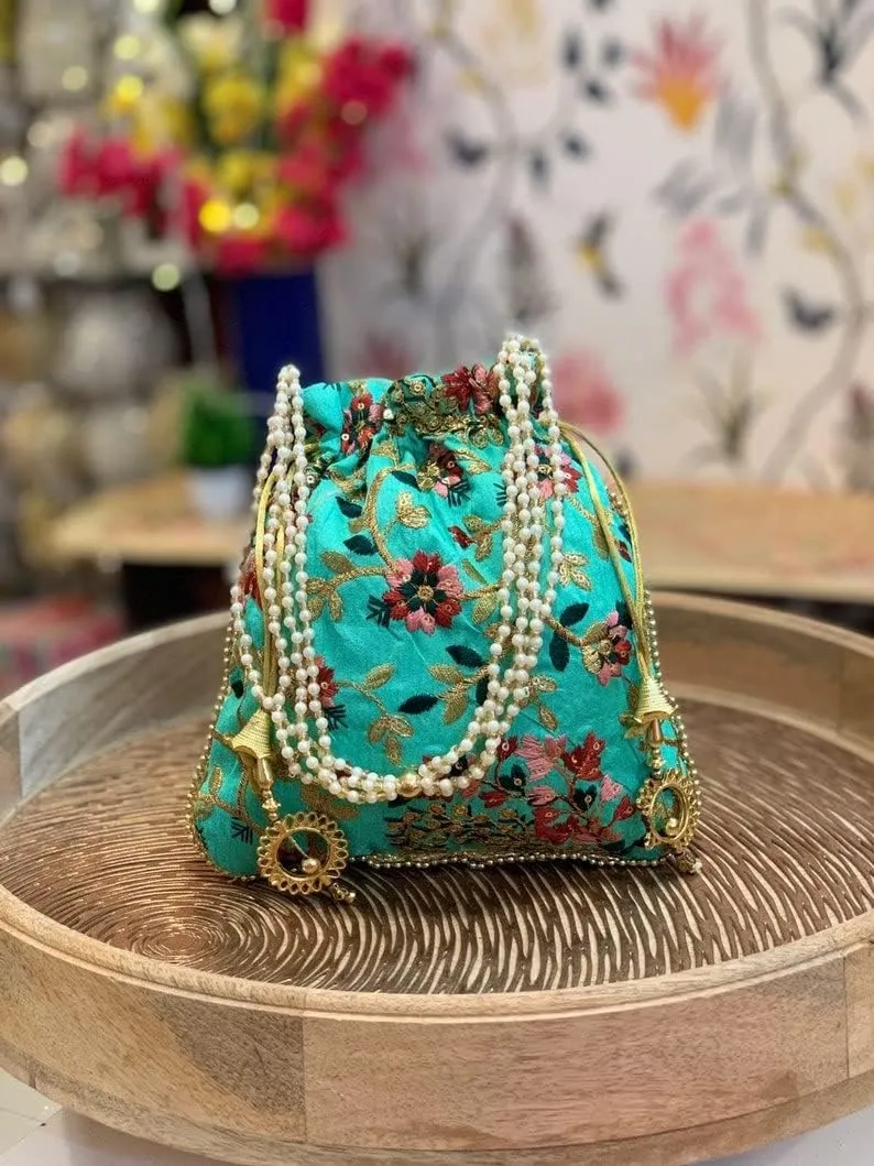 IGH Embroidered Silk Pouch Bag Designer Women Potli Bags Handle Purse Clutch Purse for Women Festive & Weddings Gift