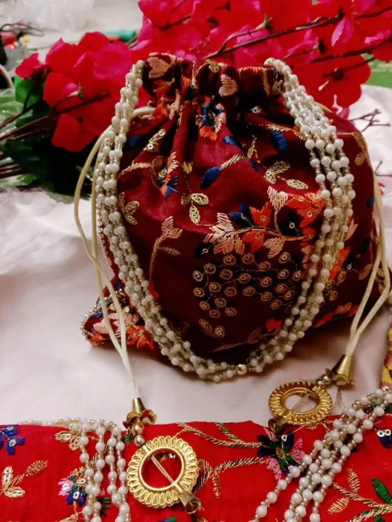IGH Embroidered Silk Pouch Bag Designer Women Potli Bags Handle Purse Clutch Purse for Women Festive & Weddings Gift
