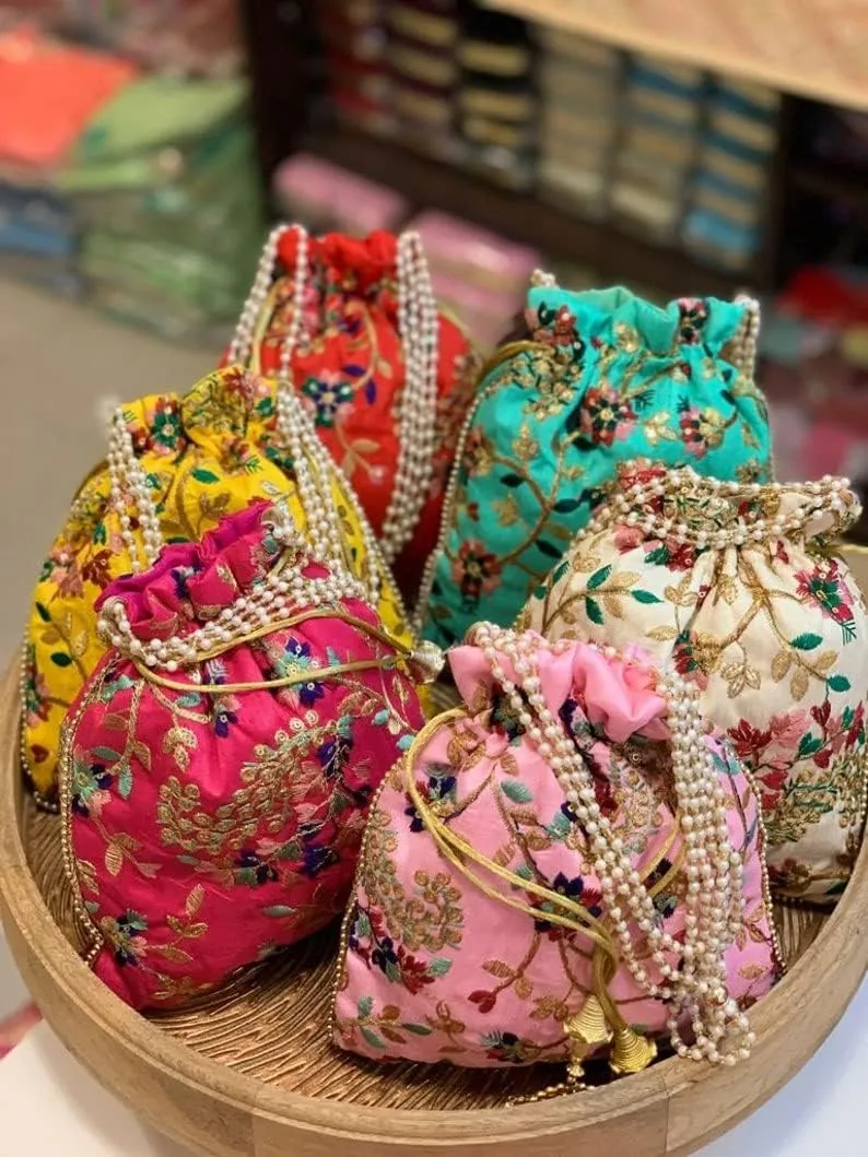 IGH Embroidered Silk Pouch Bag Designer Women Potli Bags Handle Purse Clutch Purse for Women Festive & Weddings Gift