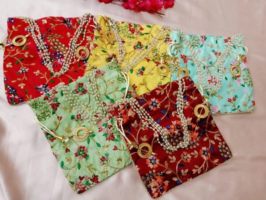 IGH Embroidered Silk Pouch Bag Designer Women Potli Bags Handle Purse Clutch Purse for Women Festive & Weddings Gift