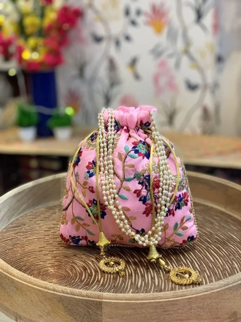IGH Embroidered Silk Pouch Bag Designer Women Potli Bags Handle Purse Clutch Purse for Women Festive & Weddings Gift