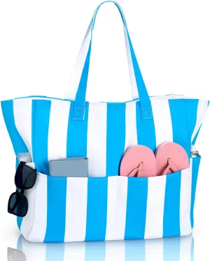 Iioscre Beach Bag for Women, Large Beach Tote Bag with Zipper Pockets, Waterproof Sandproof Swim Bag Pool Vacation Travel